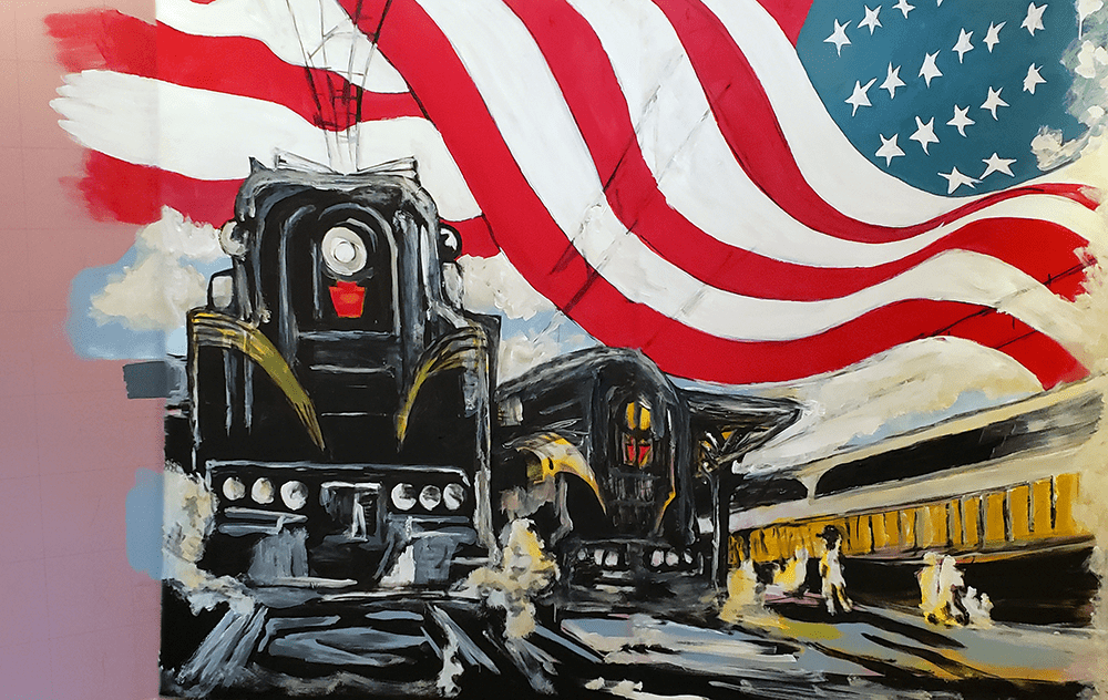 Trains with floating American Flag | Dubus Art Studio